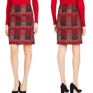 NWOT J. McLaughlin Tweed Pencil Skirt Red Black Metallic Gold Knee Length Sz 4